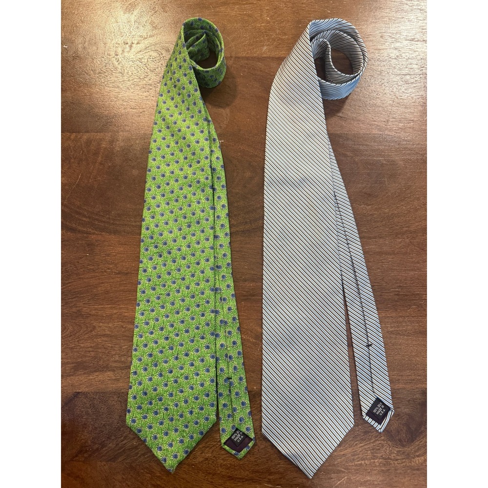 VTG Set of TWO Mens Structure Silk Ties Green Diagonal Stripe & Starburst Design